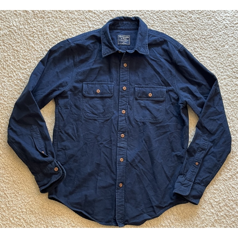 Abercrombie & Fitch Long Sleeve Navy Blue Brushed Flannel Cotton Shirt Men M